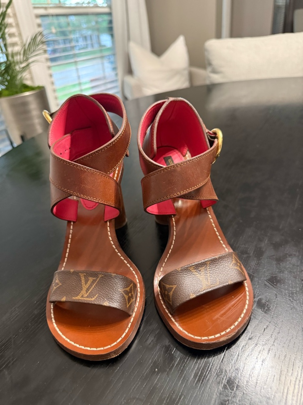 Louis Vuitton Brown Monogram Leather Heeled Sandals with Pink Lining